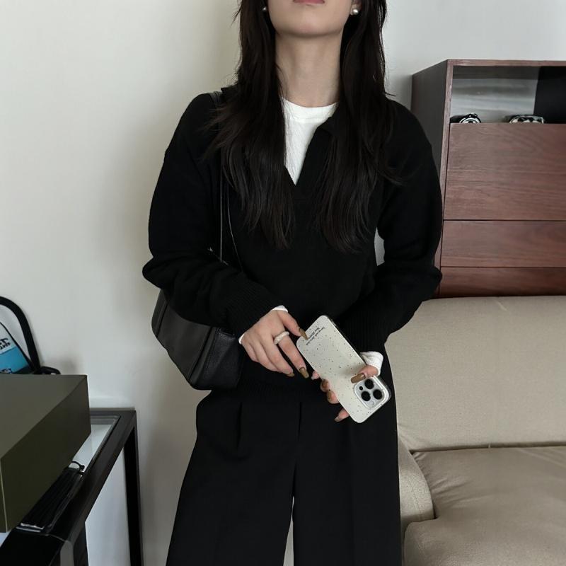 Black polo neck long-sleeved knitted sweater for women's autumn and winter lazy style loose casual v-neck sweater top