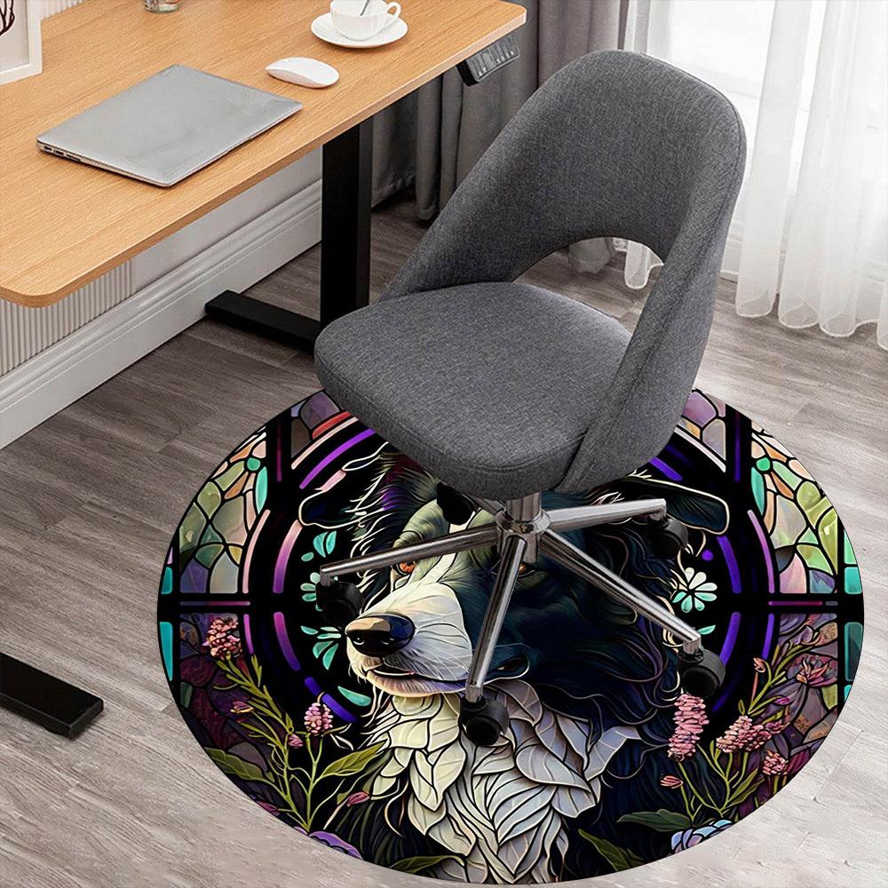 1pc Stained Glass Dog Round Chair mat office Area Rug - Non-Slip, Floor Mat for Office, Bedroom, Ideal home decor gift c0112045
