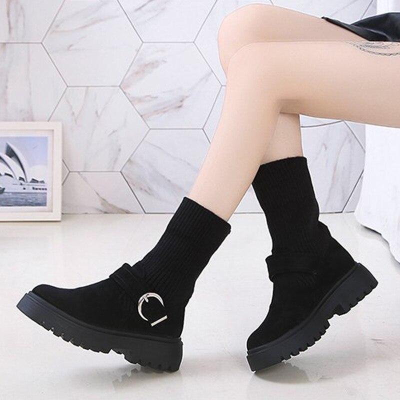 Women Ankle Boots Flock Patchwork Short Plush Slip-On Platform Belt Buckle Female Boot Comfortable Leisure Lady Winter Footwear