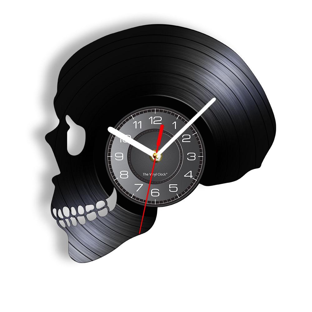 Schädel-Kopf-Vinyl-Schallplatten-Wanduhr im Alter von Skelett-Kopf-Wanduhr, Skelett-Vampir-Männer, Halloween-Dekor, Wandbehang-Uhr