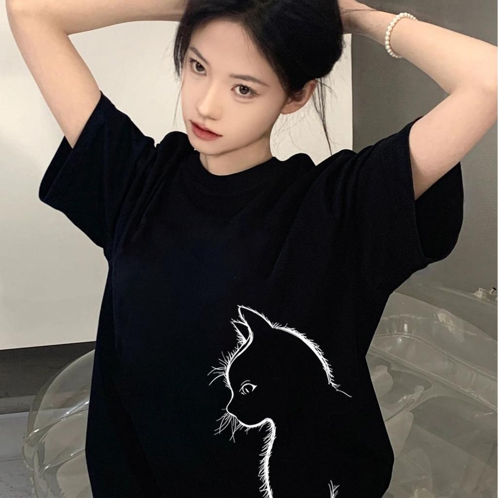 Pure cotton black short-sleeved women's t-shirt new popular summer unique design niche top loose t-shirt