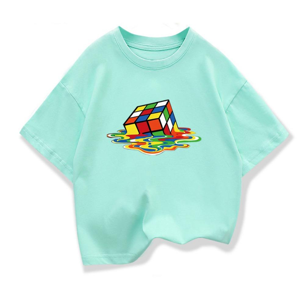 Summer Kids T-Shirt Pure Rubik's Cube Print Round Neck Boys Girls Short Sleeve Casual Cool Hip-Hop Short Sleeve T-Shirt