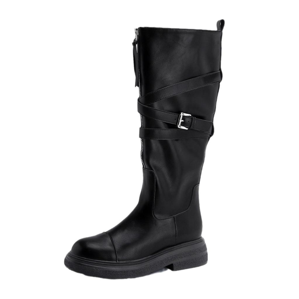 Grape Mom Long Knight Boots Belt Buckle Pleated Pile Boots Front Zipper Internet Celebrity Soft Leather Skinny Boots Platform Women's Boots