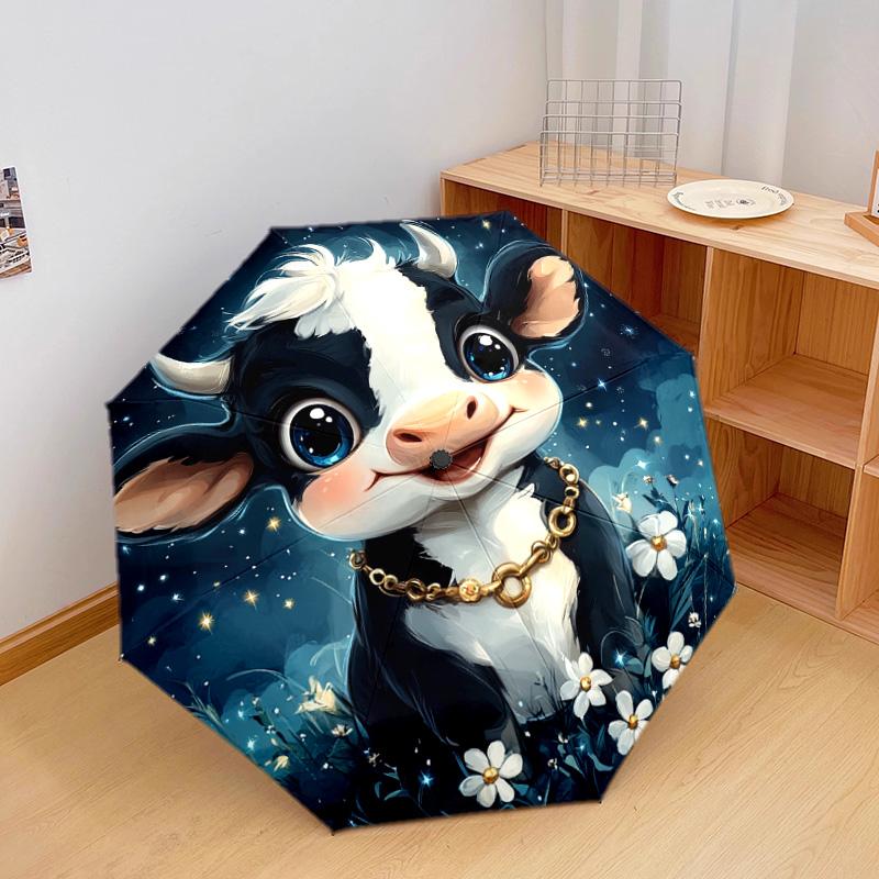 1 Stück Automatischer Faltregenschirm - Niedliches Kuhmuster, Tragbares & Faltbares Design mit 8 Speichen, Weihnachts-Geburtstagsgeschenke