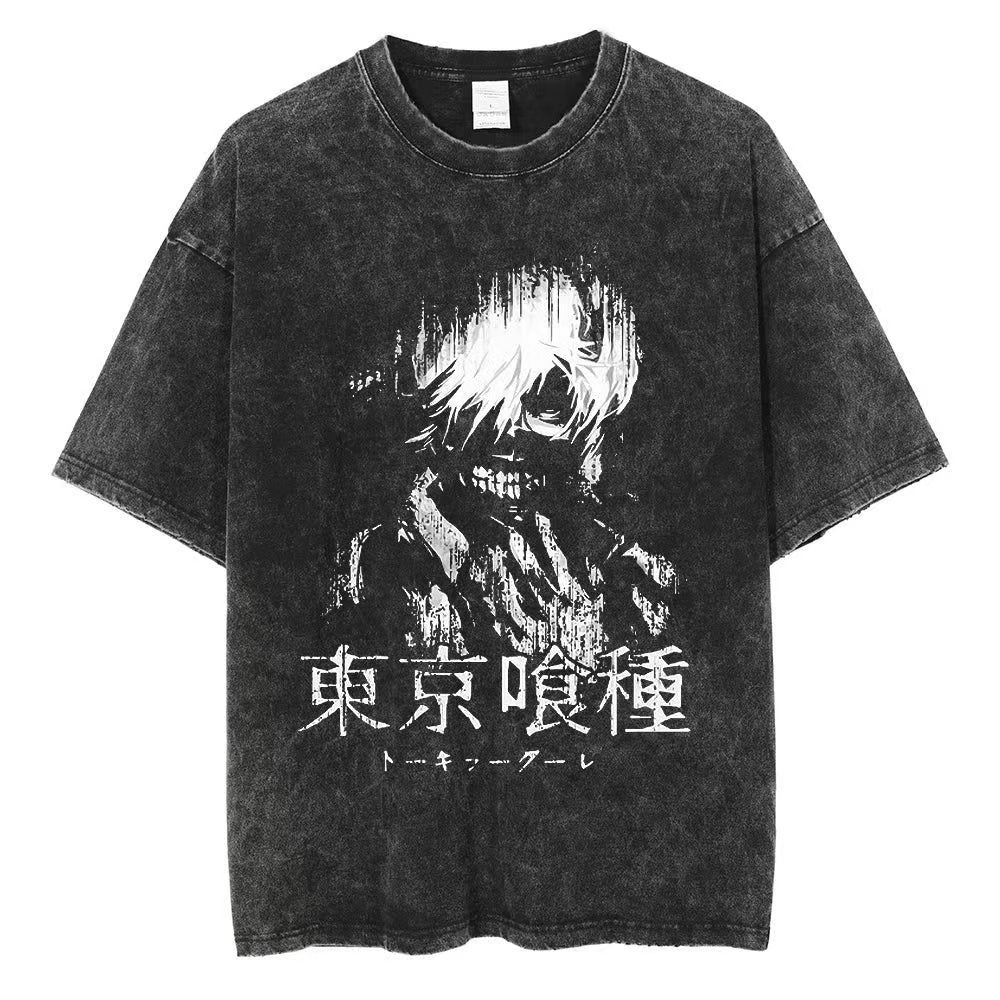 Anime Tokyo Ghoul Ken Kaneki Graphic Washed T Shirt Men Manga Vintage Tshirts Casual Cotton T-shirt Harajuku Male Tops