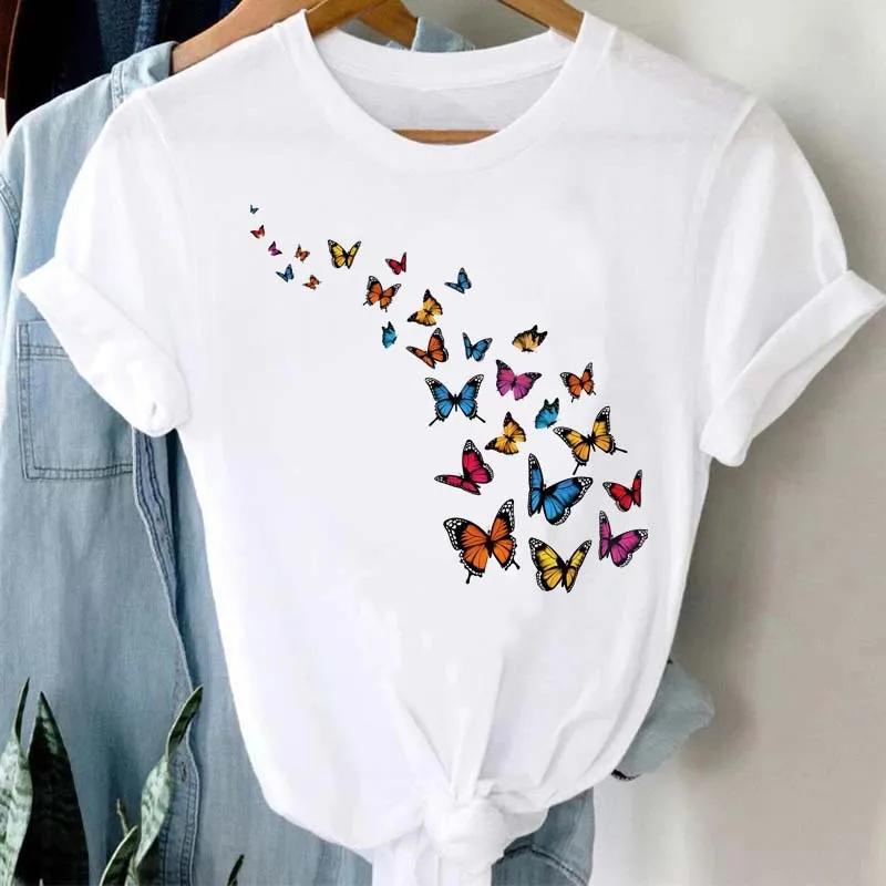 Woman Plus Size Tops Oversized T Shirt Aesthetic Clothes Summer Burst Cute Cartoon Butterfly Trend Letter Print Top T-shirt