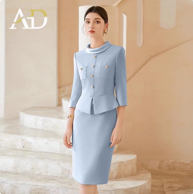 AD Temperamental Socialite Beige Dress: High-End Faux Two-Piece Round Neck Formal Skirt Set