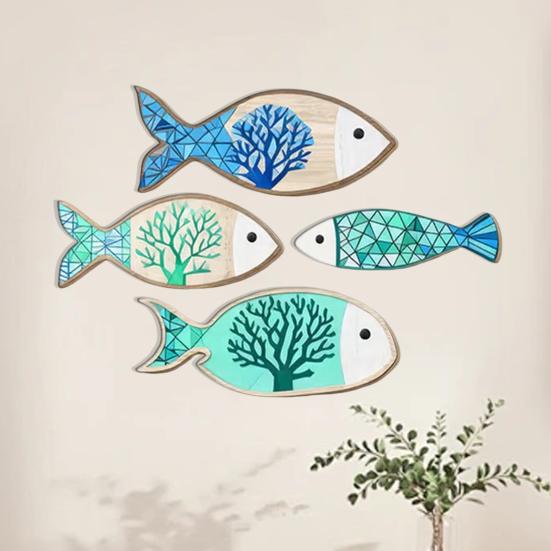 4Pcs/Set Wooden Fish Coastal Wall Art, Handcrafted Fish Wall Decoration, Rustic Nautical Fish Wall Sculpture for Living Room, Lake House, Bathroom