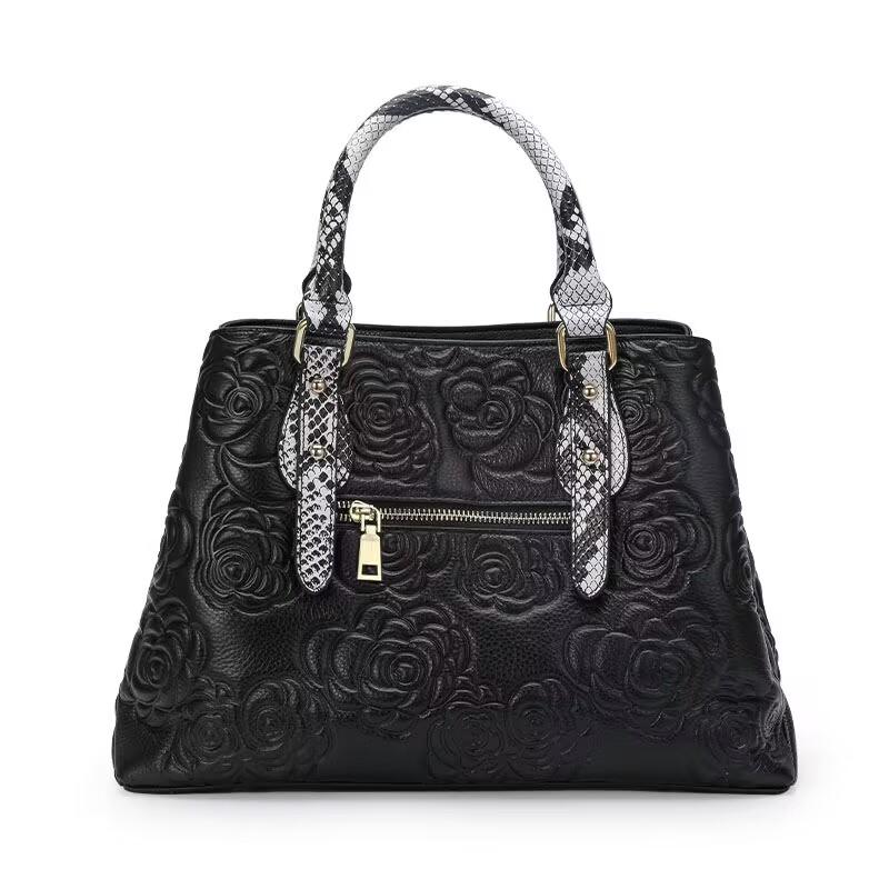 Aidrani Women's luxury leather handbag large capacity black with floral and snake pattern design,
