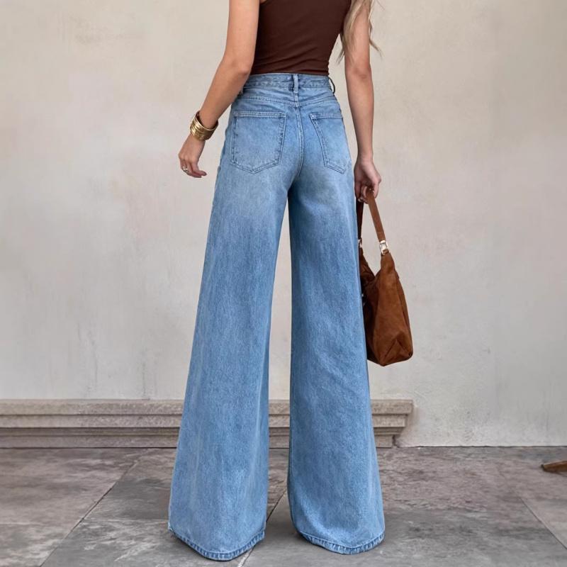Women's Stretch Mid-Waist Jeans Elegant Casual Party Denim Pocket Wide-Leg Pants