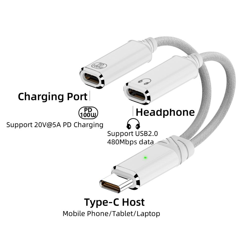 2 in 1 Dual Type-C Earphone Adapter PD 100W HiFi Music Heaphone Converter Data Transfer Wire Control Cable Mobile Phone
