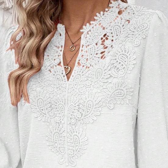 Women Short V-Neck Half Open Collar Lace Stitching Long-Sleeved Shirt Solid Color Loose Fit Pullover