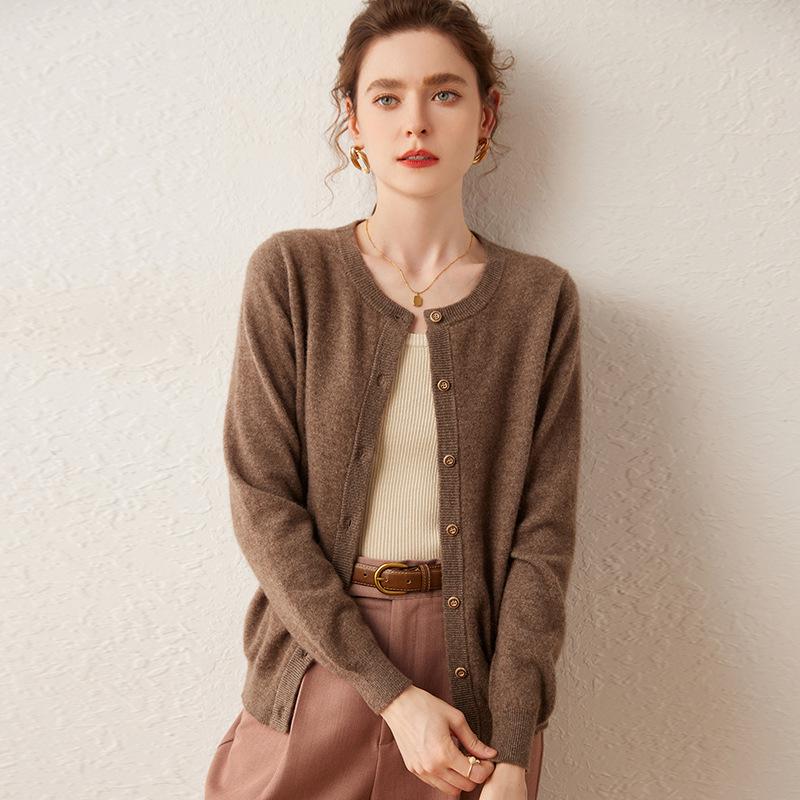Women's Versatile Round Neck Casual Cashmere Knit Cardigan - Lightweight, Large Size Outerwear