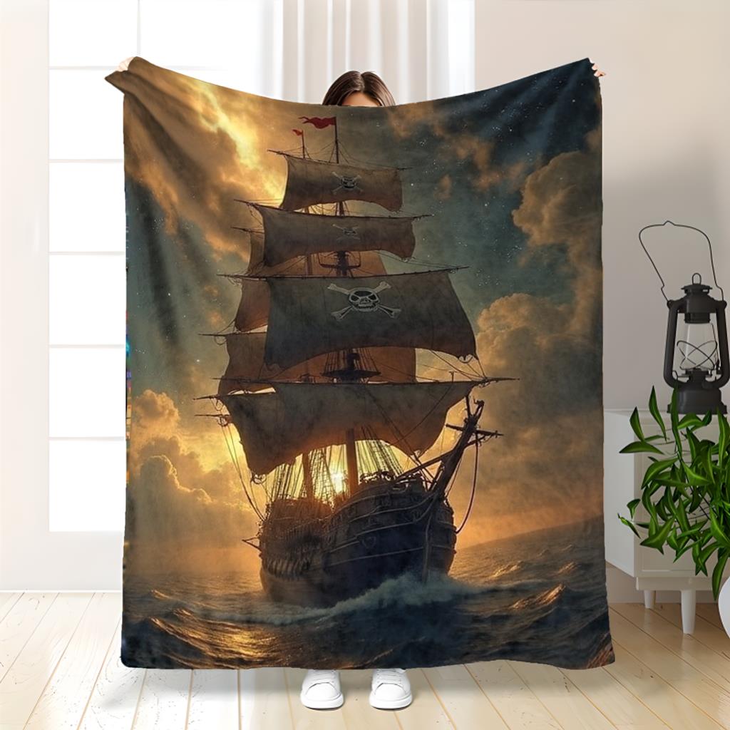 Pirate Ship Sunset Ocean Adventure Fleece Blanket 3D Print Soft Warm Throw Cover Decor Art Gift For Pirate Fans Home Bed Room