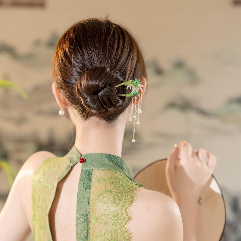 Antique Butterfly Flower Bamboo U-shaped Hairpin Super Fairy Retro Pearl Fringed Hairpin Hanfu Ancient Hairpin Accessories