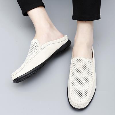 Chinelos masculinos de couro preto/bege respiráveis, chinelos sem salto, sapatos preguiçosos, mocassins confortáveis sem cadarço