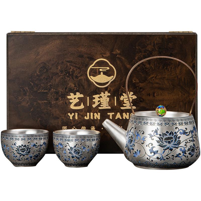 New Chinese-Style Silver Blue And White Twisted Branches Lotus Lifting Beam Pot Tea Set Large-Capacity Brewing Teapot Light Luxury Tea Set