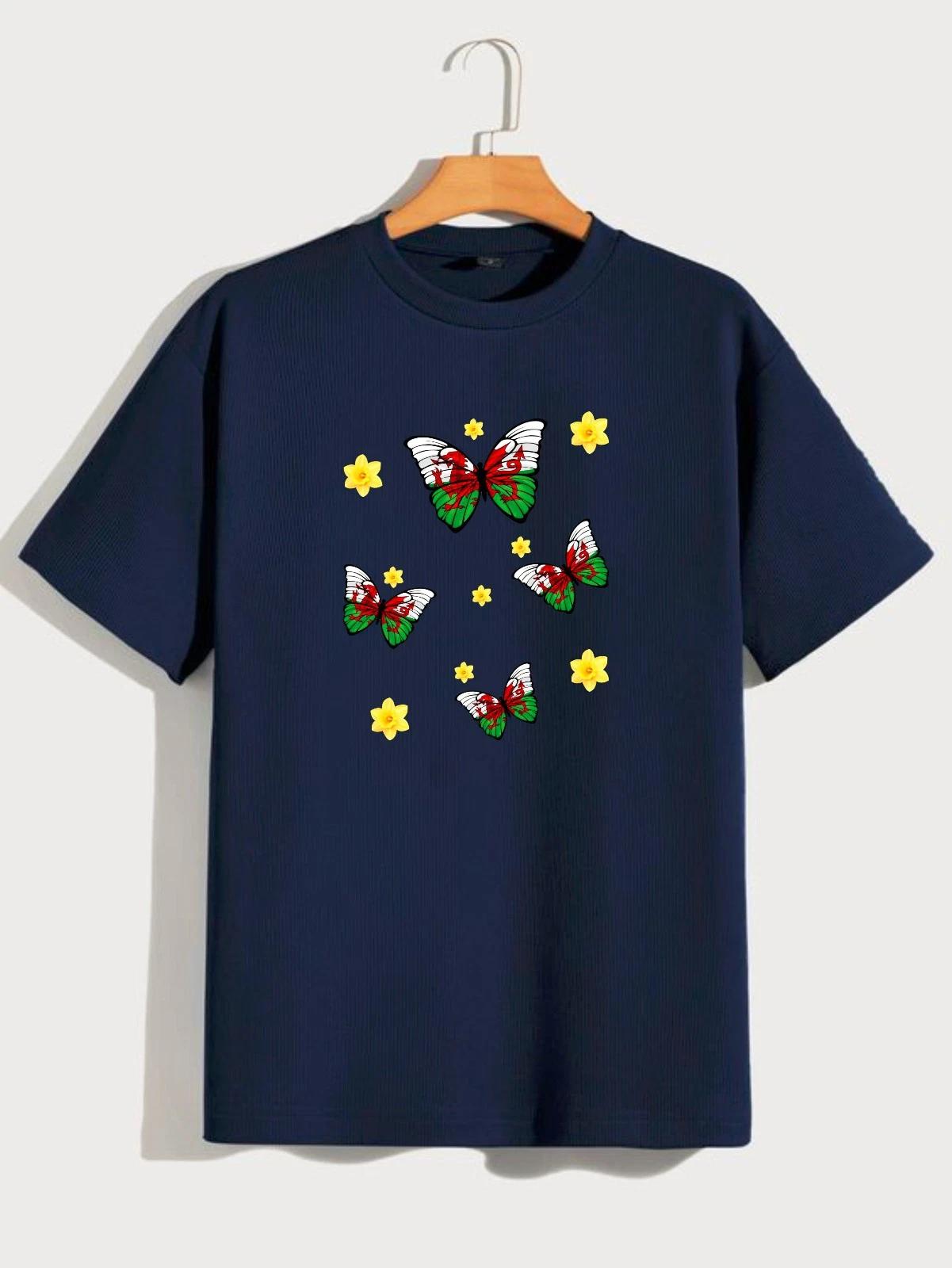 Wales Butterfly T-Shirt, St Davids Day Welsh Flag Daffodils Kids Mens Womens Tee S