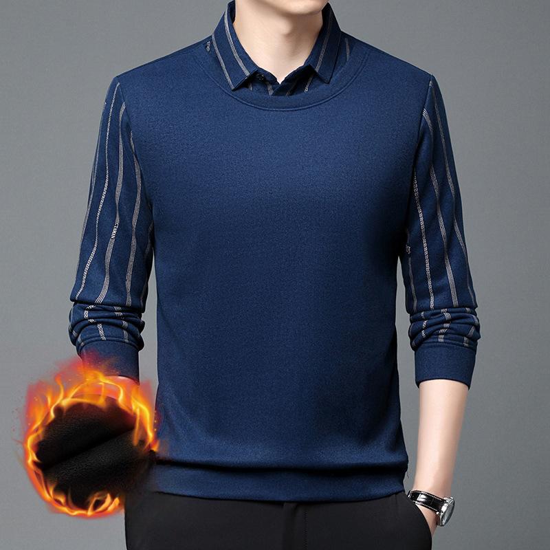 Herren Fleece Fake Zweiteiler Langarmpullover Herbst und Winter Freizeit Hemdkragen Spleißen Gestreift Verdickt Unterteil Poloshirt