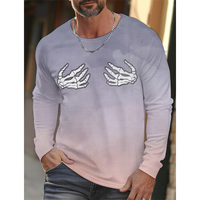 Skull Hand Printed Pullover Autumn and Winter Men's Casual Long Sleeve Round Neck Sweatshirt Gradient Color Men's Clothing
