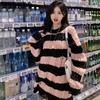 Punk Style Irregular Ripped Sweater Women's Striped Knit Pullover Loose Long-sleeve Crew Neck Top Twist Pullover Coat Korean Fashion