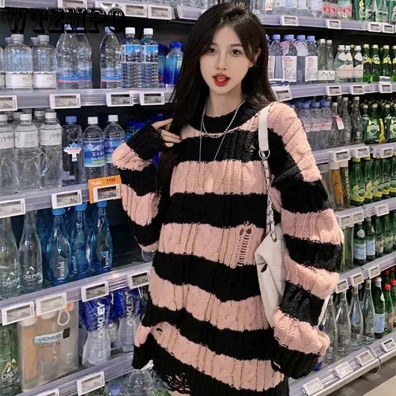 Punk Style Irregular Ripped Sweater Women's Striped Knit Pullover Loose Long-sleeve Crew Neck Top Twist Pullover Coat Korean Fashion