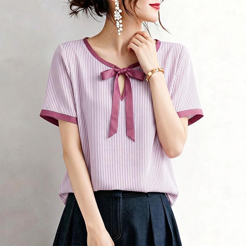 ZANZEA Women Casual Round Neck Loose Short Sleeve Stripe Blouse