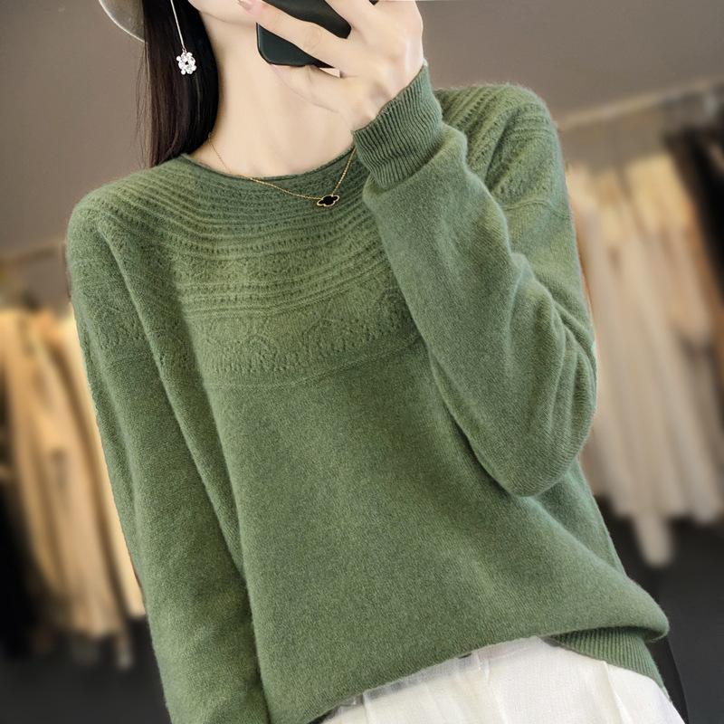 Autumn New Style Women's Round-neck Knitted Hollowed-out Round-neck Pullover Sweater, Seamless Base Layer for Women To Look Slimmer