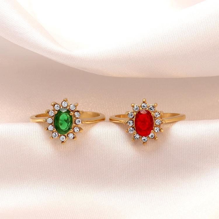 18K Gold Plated Double Layer Coarse Zircon Ring Stainless Steel Rimmed Oval Colored Zircon Ring for Woman