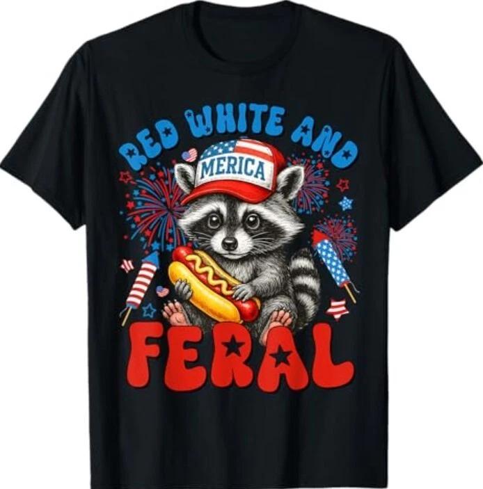 

Red White and Feral Funny Raccoon USA 4th Of July Boys Kids T-Shirt M