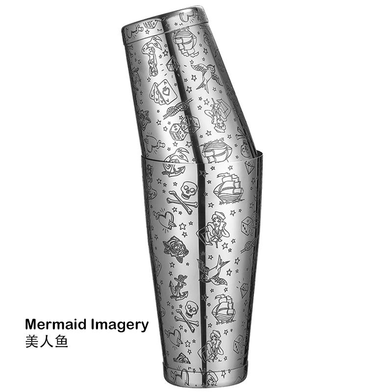 Boston Cocktail Shaker With Etched Pattern Martini Shaker Tin Set - 800ml & 500ml