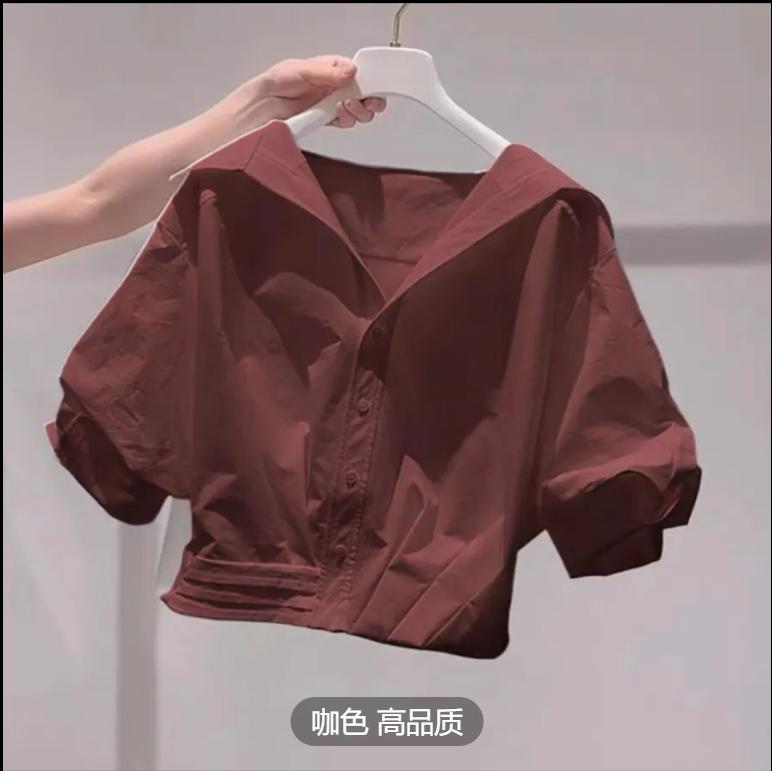 Lapel Bubble Sleeve Shirt Women Loose Fit Cropped Top Female Blouse and Shirt