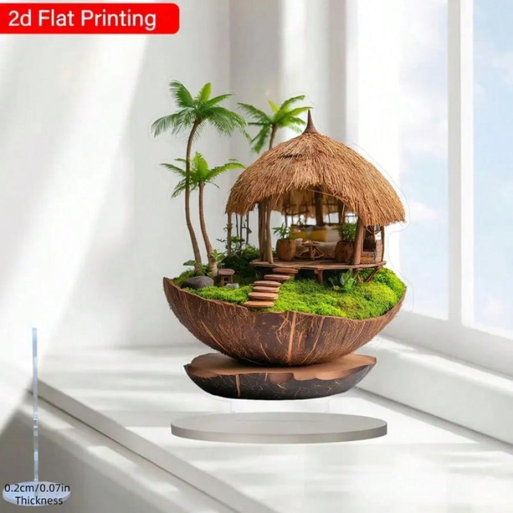 Retro grass house, 2D flat acrylic, tabletop decoration, ornaments, suitable for office, living room, party, Christmas, Halloween