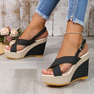 Sandales compensées mode pour femmes à bout ouvert, bride large en jean croisée, plateforme, boucle à la cheville, chaussures à talons hauts Sandalias De Mujer