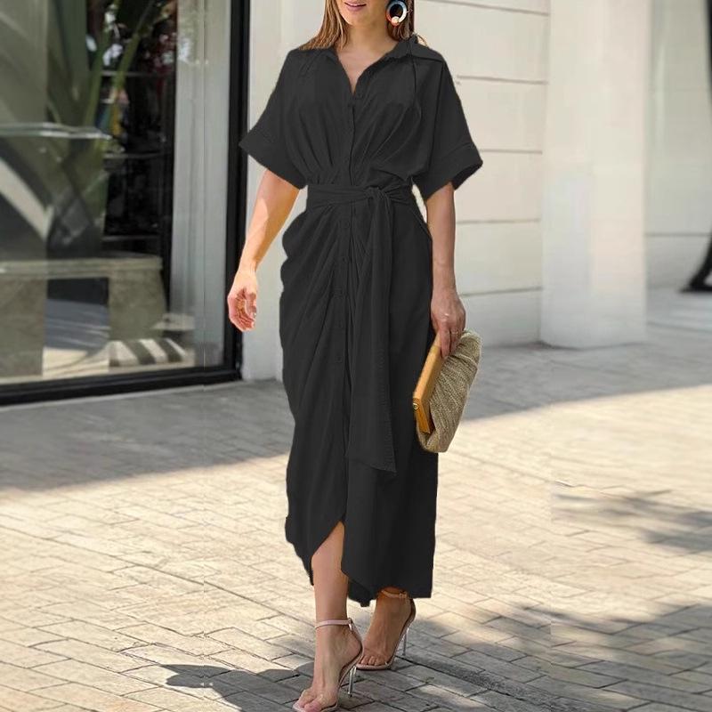 European & American Women's Fashion Print High Waist Short Sleeve Shirt Dress