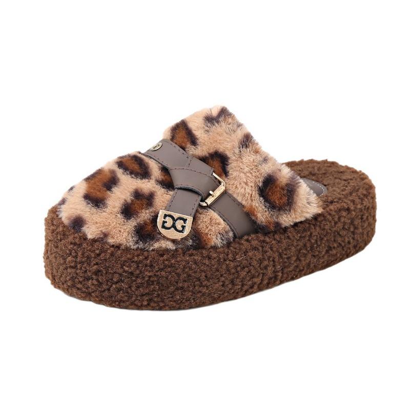 Autumn thick-soled cotton slippers fluffy slippers women's autumn and winter new feeling leopard print outer wear plush bag head slippers