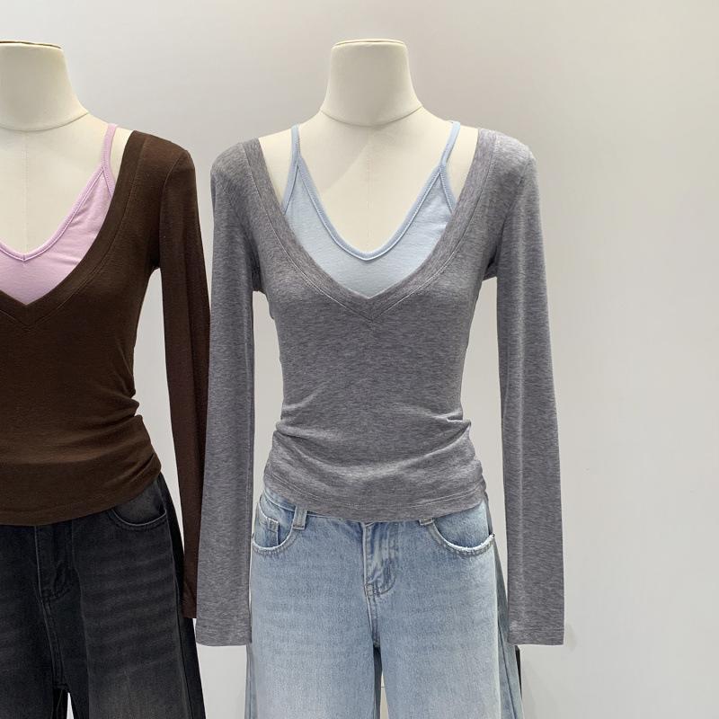 

Women s Lyocell Tencel Wool Halter Faux Two-Piece Base Layer Tee for Fall/Winter L хізер сірий колір