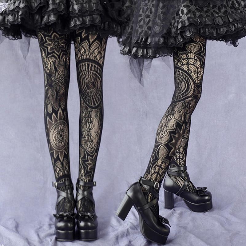 Women Sexy Plus Size Jacquard Mesh Fishnet Stockings New Western-Style Retro Sun Flower Totem Pattern Pantyhose Evil Goth Tights