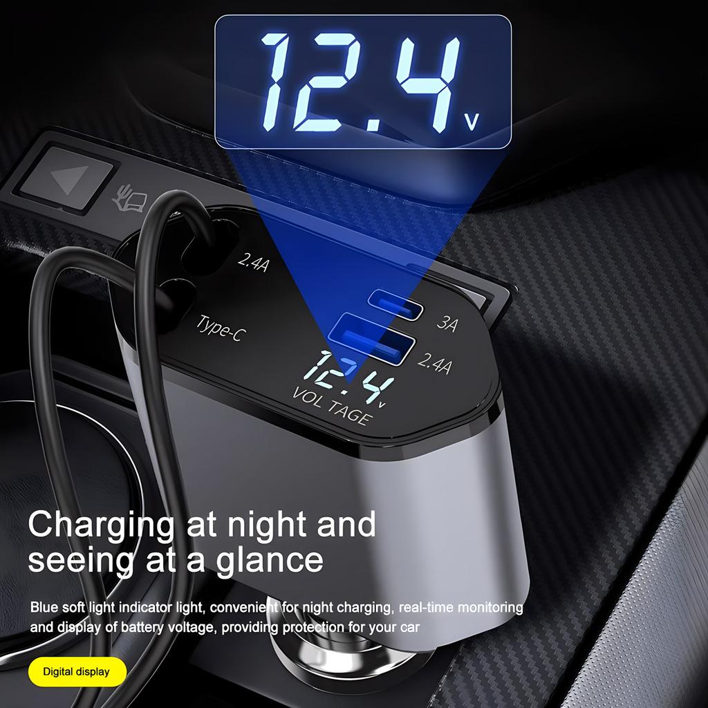 120W 4-in-1 USB-C Fast Car Charger, Retractable Cigarette Lighter Adapter for iPhone Samsung Huawei Xiaomi – Quick Charge