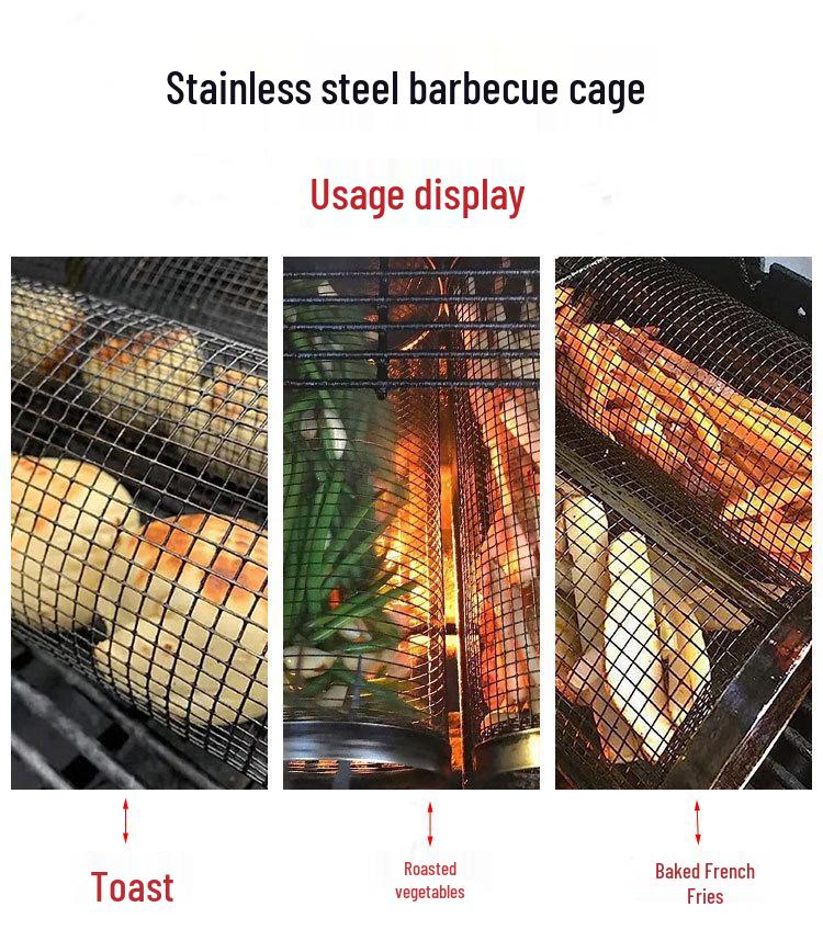 304 Stainless Steel BBQ Cage Cylinder Grill Smoker Mesh Basket - In Stock