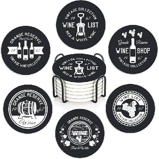 Drink Coasters with Holder,6 Pcs Moon Phases Absorbent Ceramic Coasters with Cork Base,Cute Funny Table Drinks Coasters,Table Home Decor,4 Inches