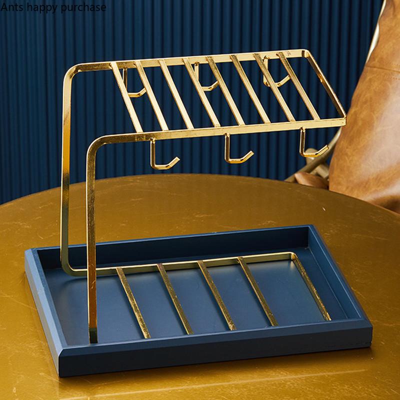 Cup Storage Rack Shelf Metal Cup Holder Double Layer Drain Rack Wooden Storage Tray Home Decorative Racks Cup Tumbler Holders