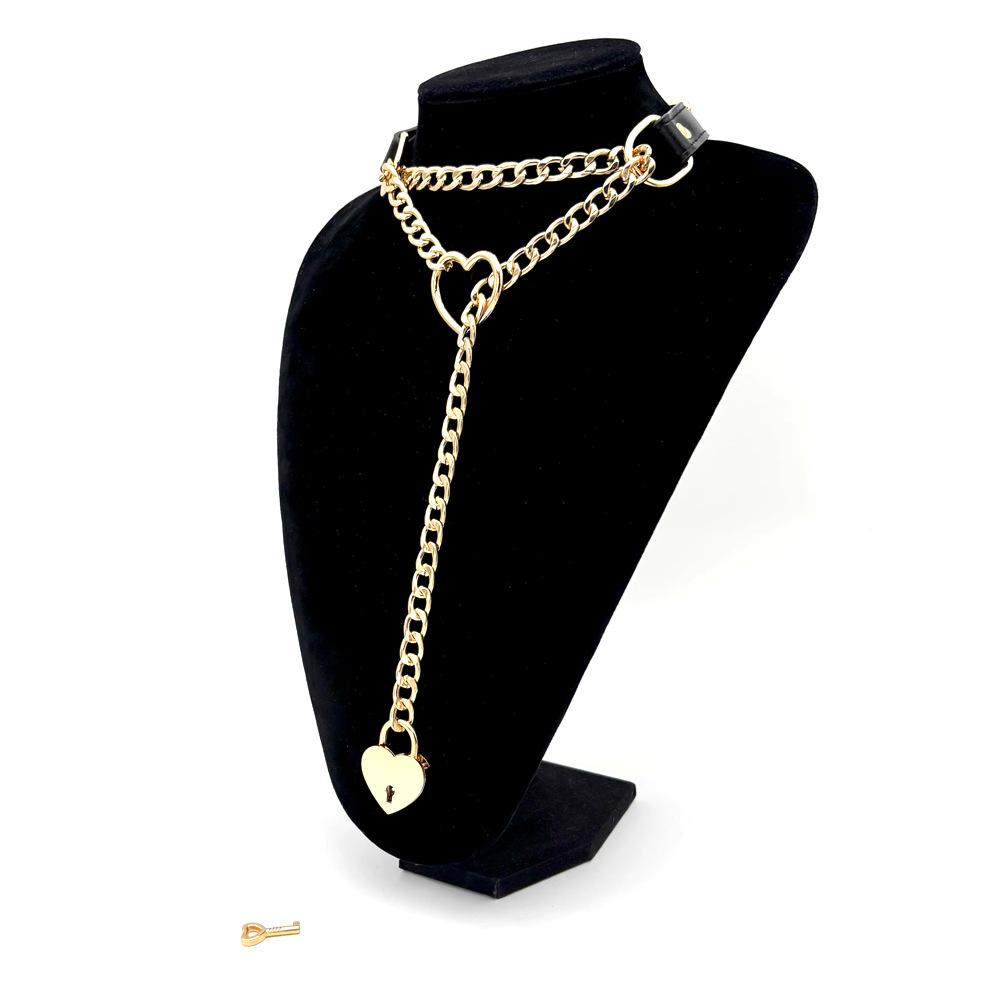 Punk Leather Choker Necklace with Heart Chain Heart Lock Key Gothic Adjustable Collar Neck Jewelry for Women Girls