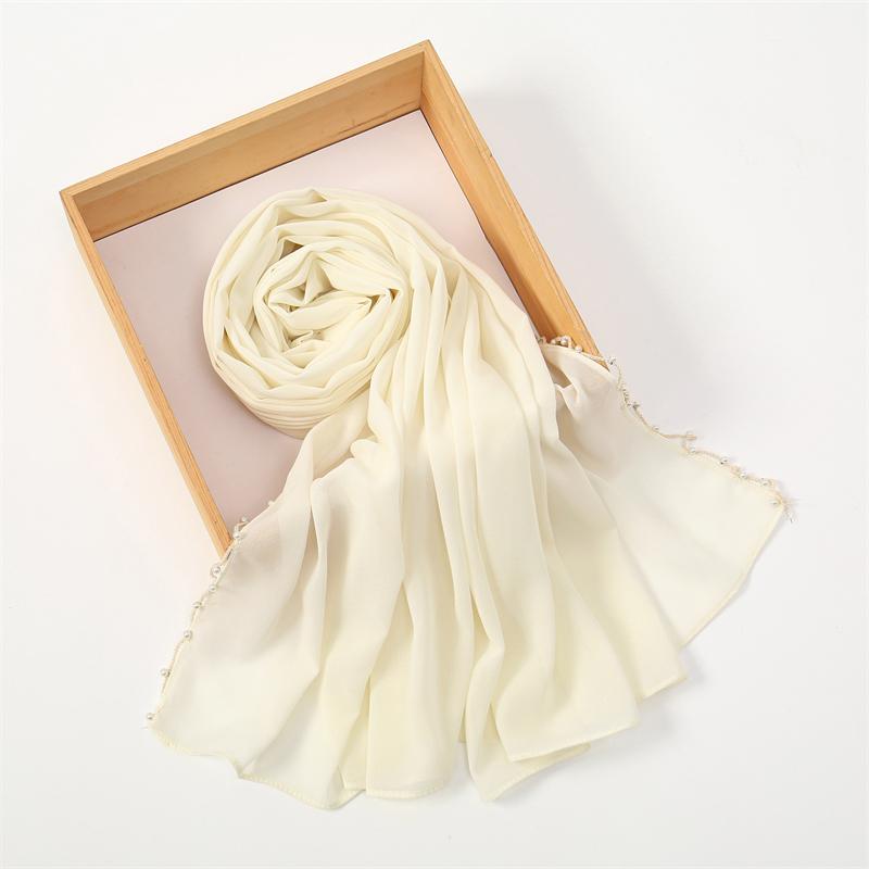 Muslim Chiffon Hijab Scarf Pearl Edge Solid Color Squane Head Wrap For Women Hijabs Scarves Jersey Hijabs Islamic Turban Headban