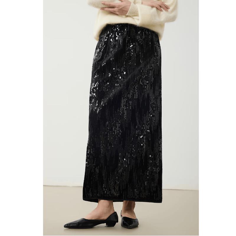 Women s Black Sequin Straight Midi Skirt L