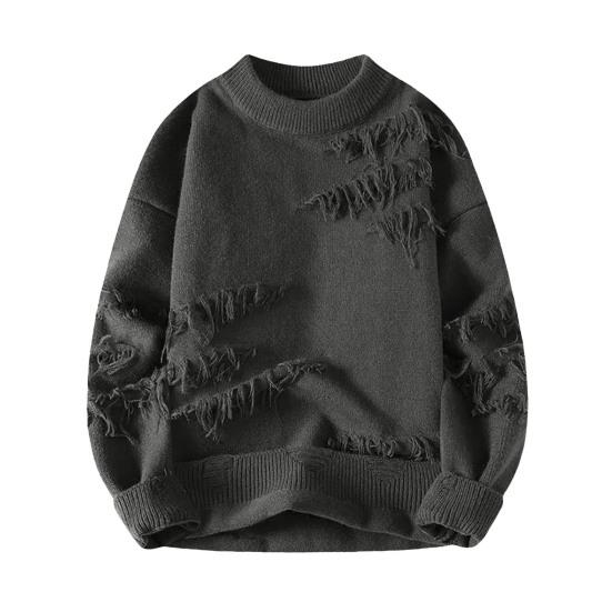 Men Winter Sweater Irregular Ripped Design Round Neck Knitted Loose Long Sleeves Thick Sport Daily Wear Sweater