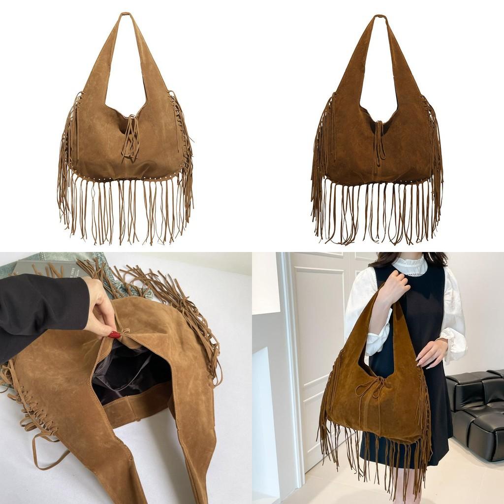 Borsa a Spalla Tote in Camoscio Vintage con Design a Frange e Colore Solido per Uso Quotidiano