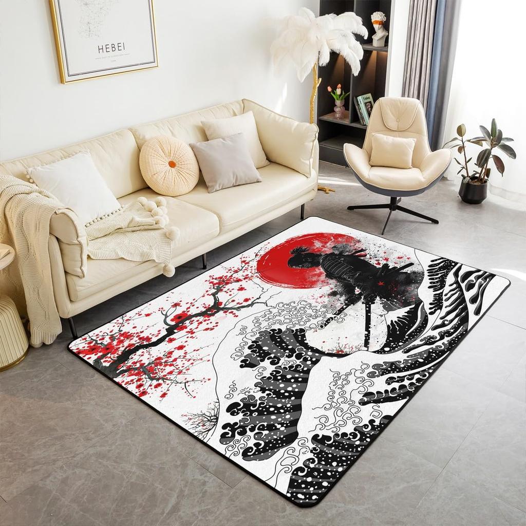 Japanese Ukiyo-e Great Wave Crane & Cherry Blossom Print Area Rug, Non-Slip Floor Mat for Living Room Bedroom Home Decor Carpet