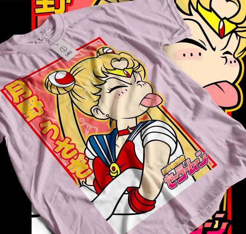 Sailor Moon Usagi Tsukino Lustiges Gesicht Retro Anime Grafik Unisex Lässig Weiß Streetwear T-Shirt