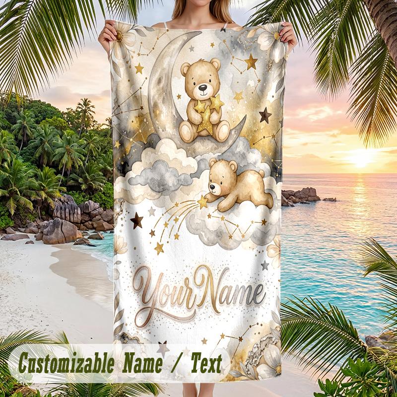 Teddy Bear Theme Beach Towel Personalized Custom Name & Text Soft Quick Dry Beach Towel for Swimming Travel